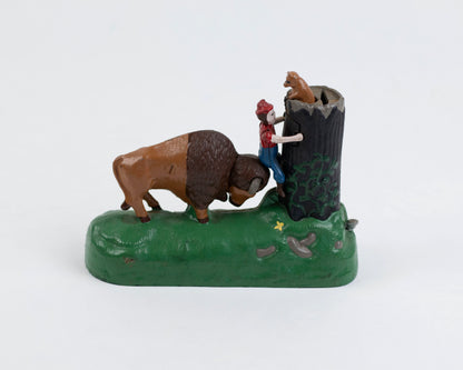 VINTAGE MID-CENTURY CAST IRON BUTTING BUFFALO COIN BANK
