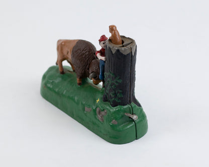 VINTAGE MID-CENTURY CAST IRON BUTTING BUFFALO COIN BANK