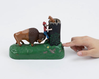 VINTAGE MID-CENTURY CAST IRON BUTTING BUFFALO COIN BANK