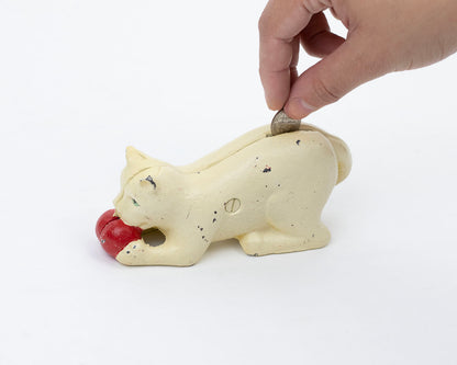 VINTAGE CAST IRON CAT WITH YARN BALL COIN BANK