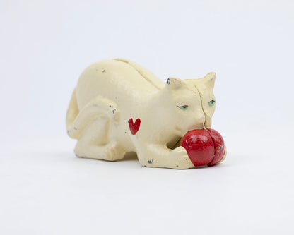 VINTAGE CAST IRON CAT WITH YARN BALL COIN BANK
