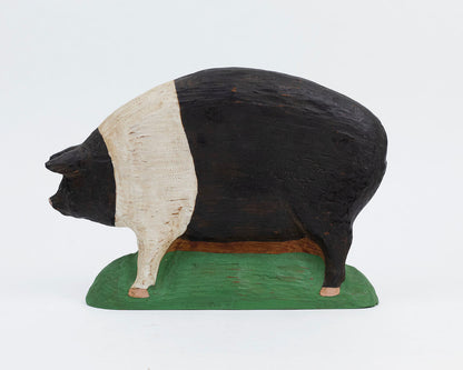 VINTAGE CARVED WOODEN HAMPSHIRE PIG FIGURINE