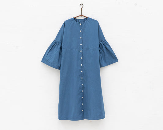 FULL BUTTON BELL SLEEVE DRESS IN BLUE