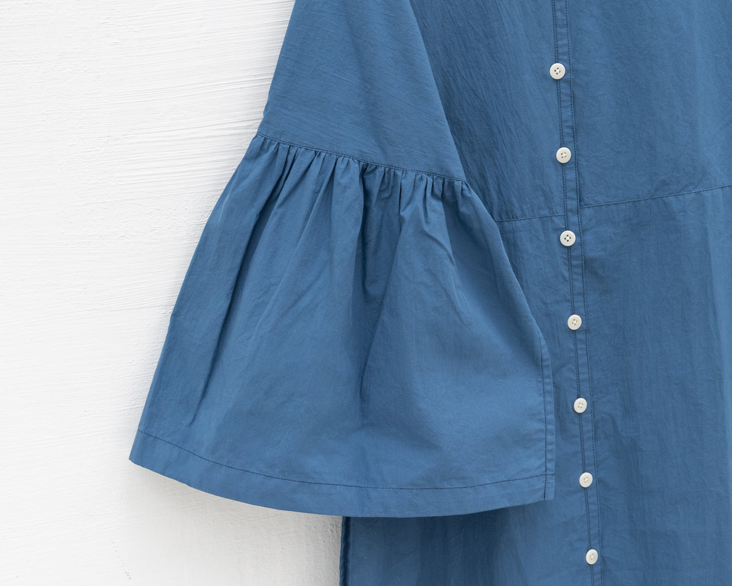 FULL BUTTON BELL SLEEVE DRESS IN BLUE