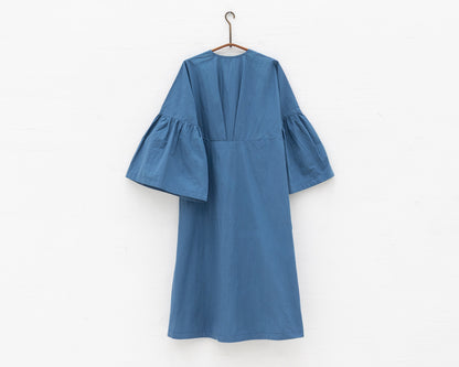 FULL BUTTON BELL SLEEVE DRESS IN BLUE
