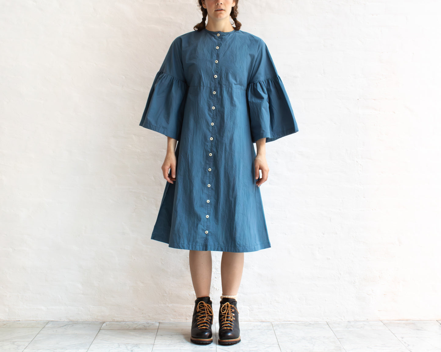FULL BUTTON BELL SLEEVE DRESS IN BLUE