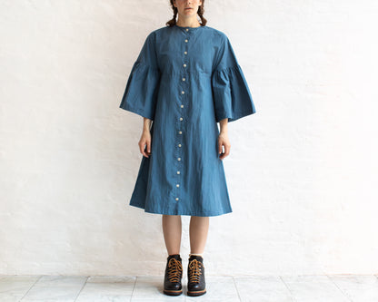 FULL BUTTON BELL SLEEVE DRESS IN BLUE