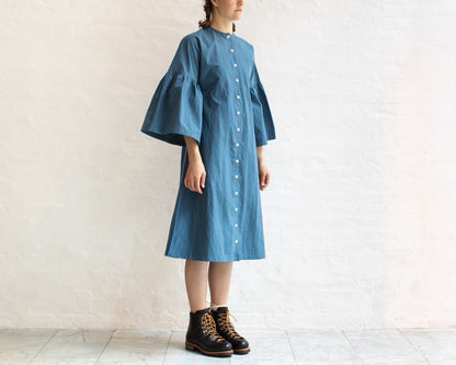 FULL BUTTON BELL SLEEVE DRESS IN BLUE
