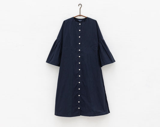 FULL BUTTON BELL SLEEVE DRESS IN NAVY