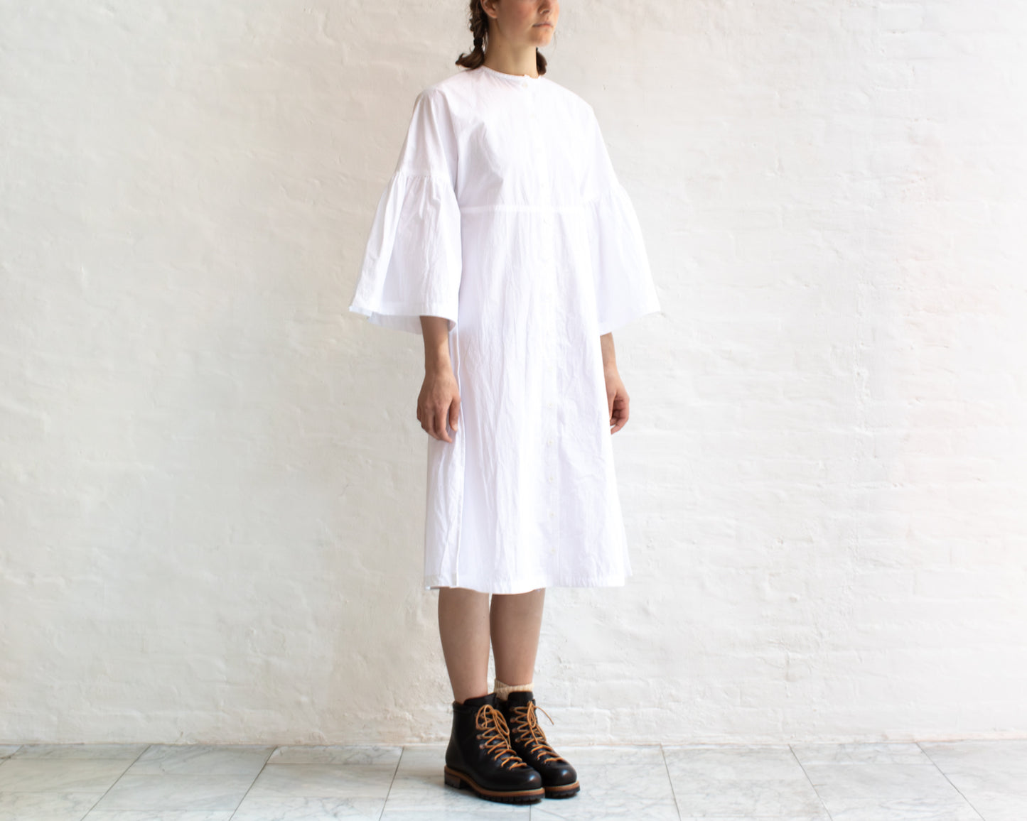 FULL BUTTON BELL SLEEVE DRESS IN WHITE