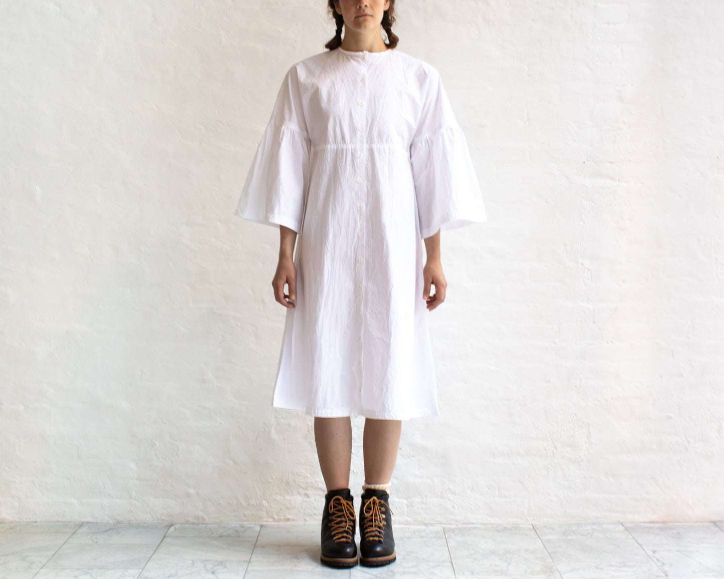 FULL BUTTON BELL SLEEVE DRESS IN WHITE