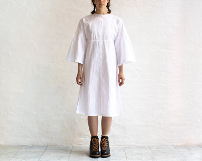FULL BUTTON BELL SLEEVE DRESS IN WHITE