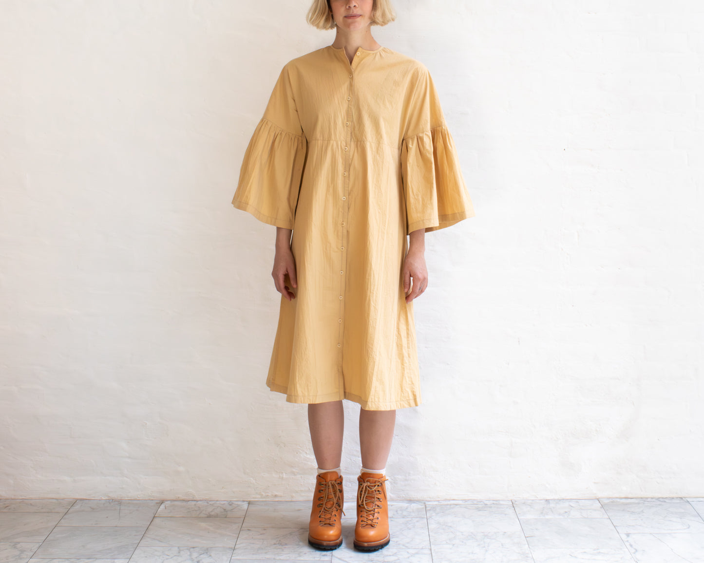 FULL BUTTON BELL SLEEVE DRESS IN YELLOW